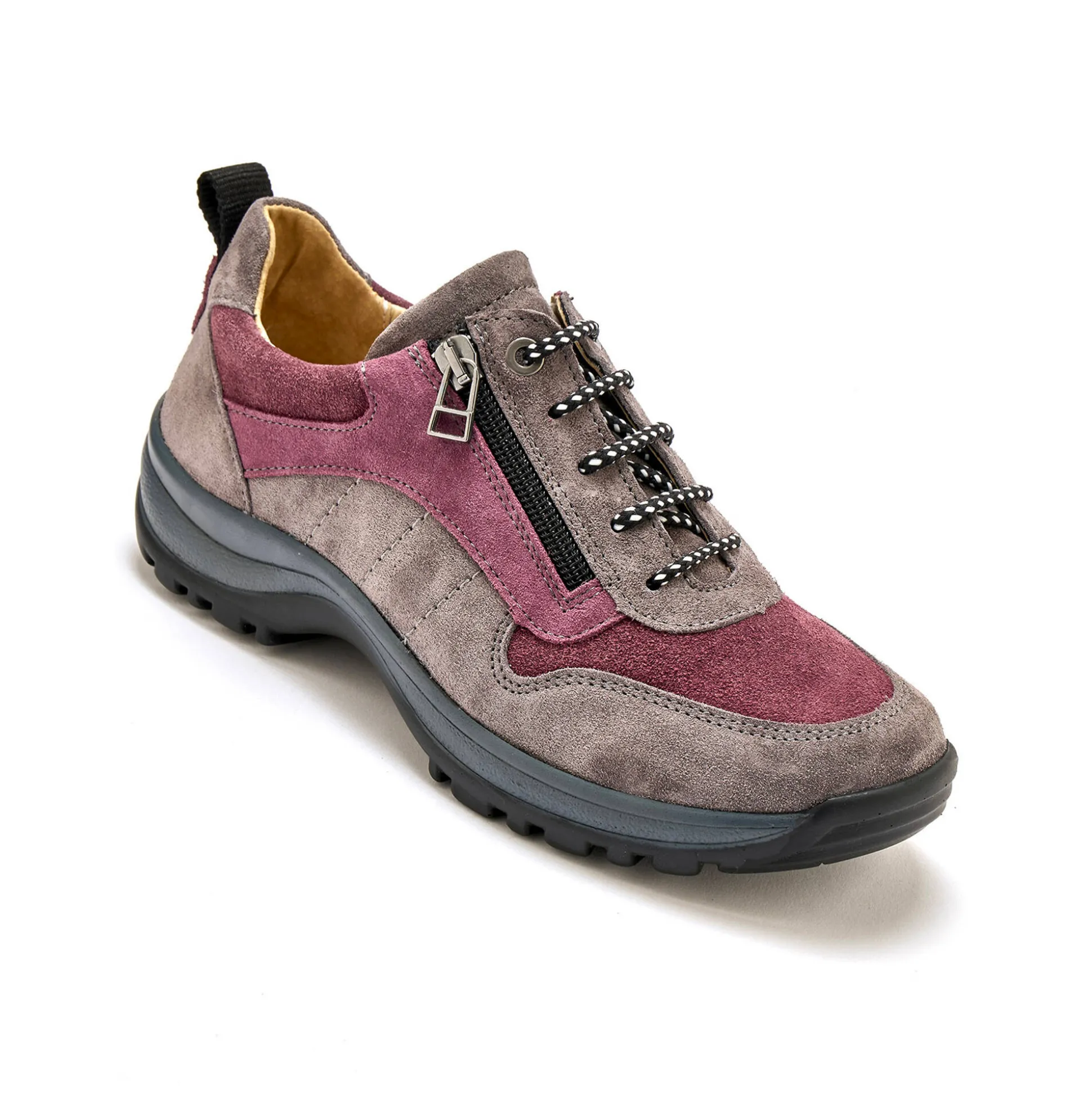 Wandelsneakers met rits en veters, breed model in leer