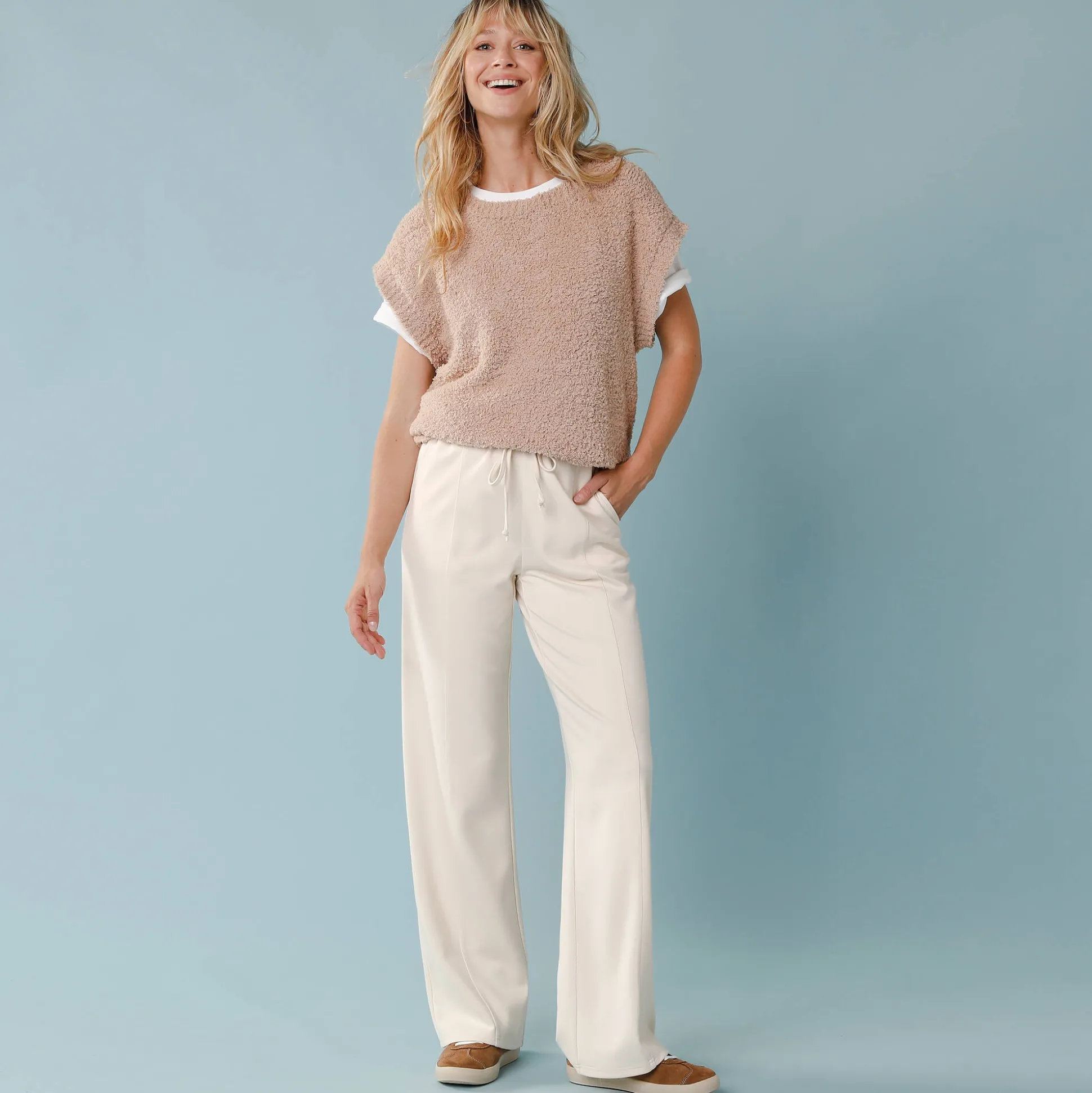 Wijde broek in soepel tricot, kleine lengtes