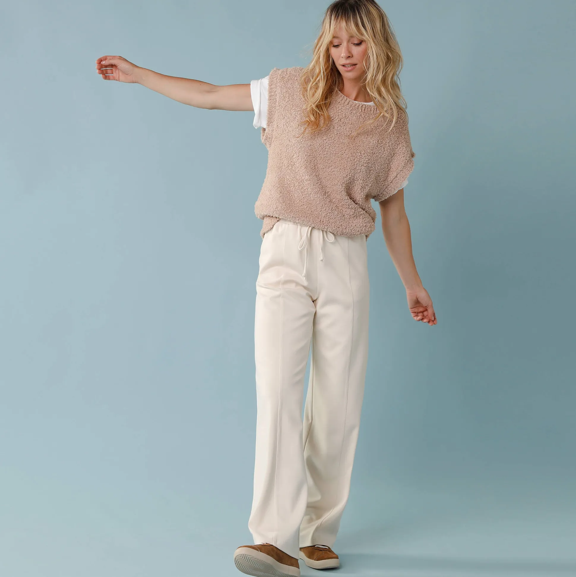 Wijde broek in soepel tricot, kleine lengtes