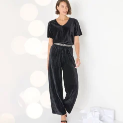 Wijde broek in velours met reliëf, elastische taille