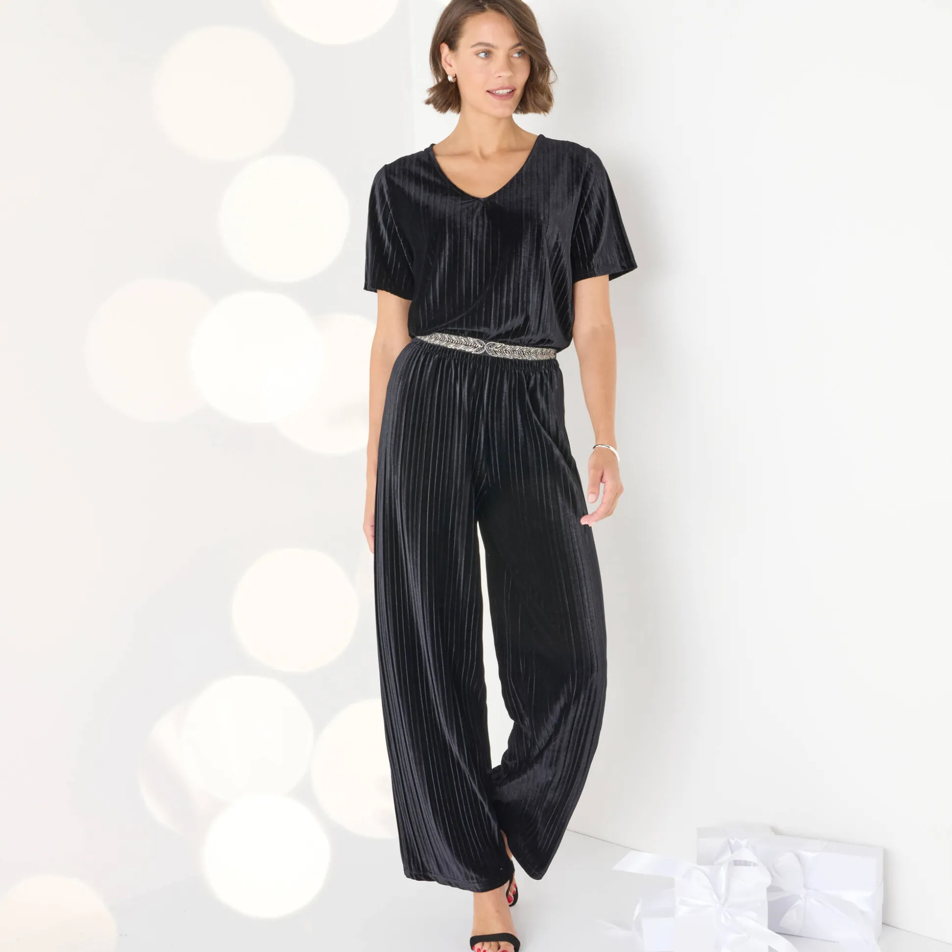 Wijde broek in velours met reliëf, elastische taille