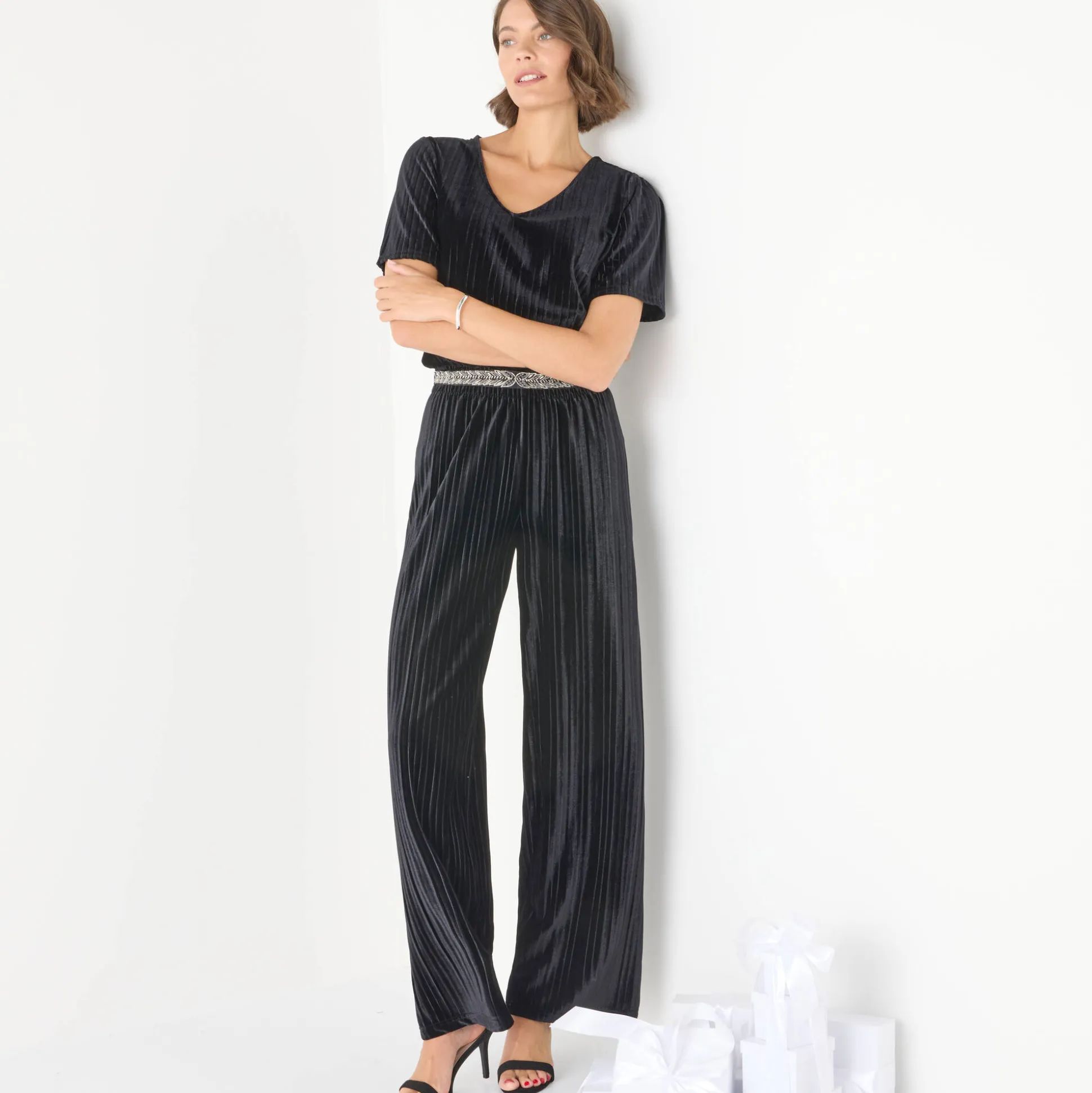 Wijde broek in velours met reliëf, elastische taille
