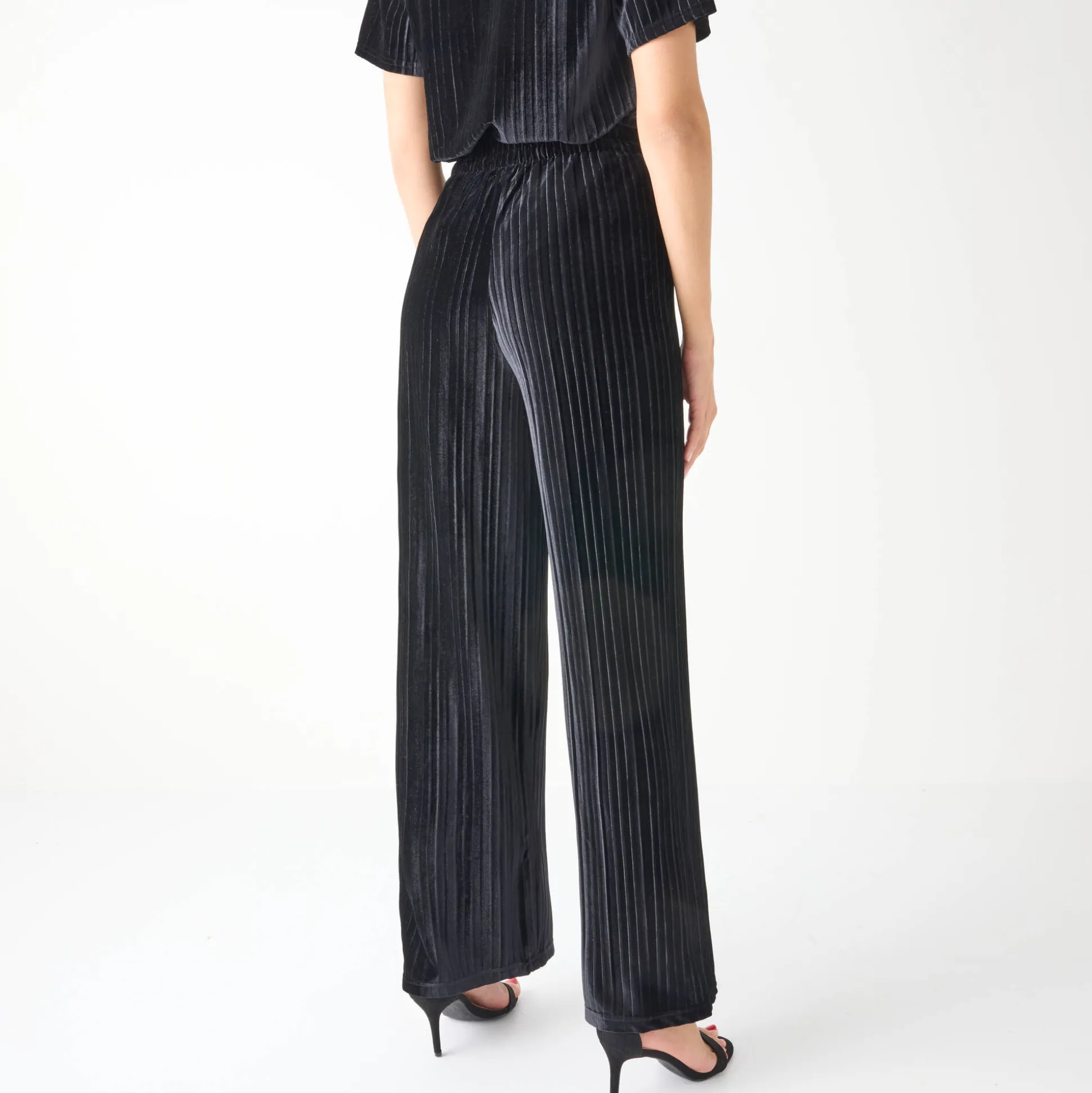 Wijde broek in velours met reliëf, elastische taille