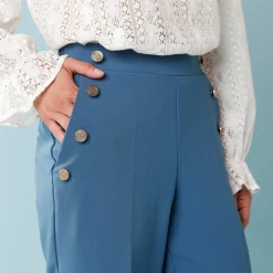 Wijde broek met hoge taille en knopen opzij, kleine lengtes