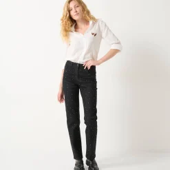 Zwarte, rechte jeans met hoge taille en strasjes